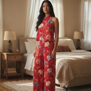 Romeo & Juliet Couture Red Floral Jumpsuit Size M
